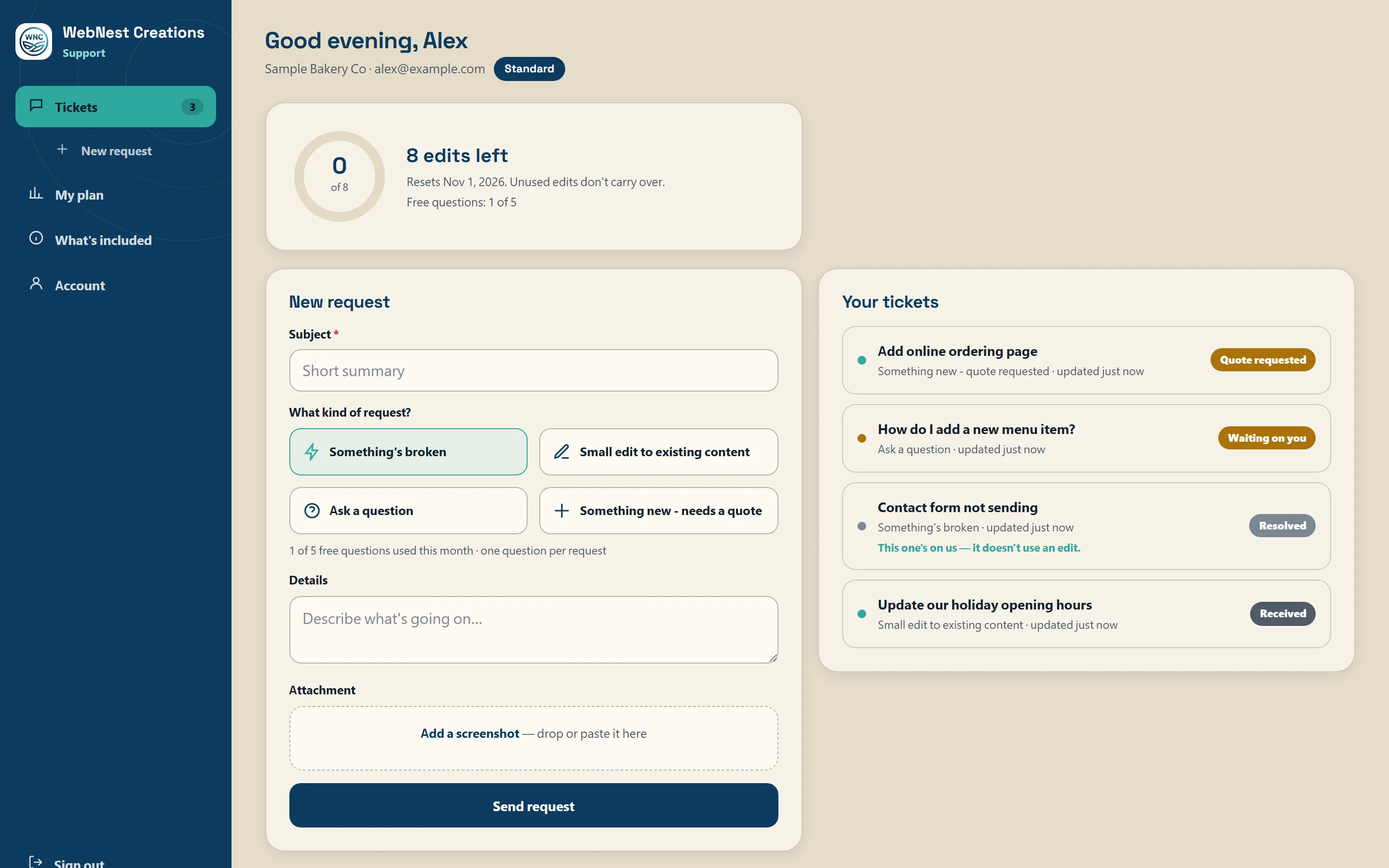 The WebNest HelpDesk customer portal showing a request form and a list of tickets with their status